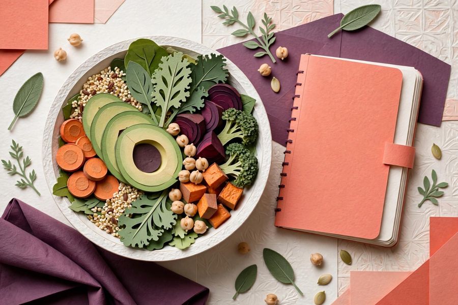 Cut-paper illustration of a balanced bowl and meal-planning notebook